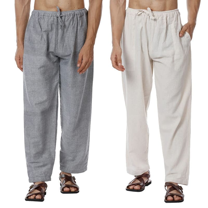 Aatman eco-friendly 100% cotton pyjama pack of 2 in cream and grey colourway flat-lay product shot showing the elasticated one-size waist