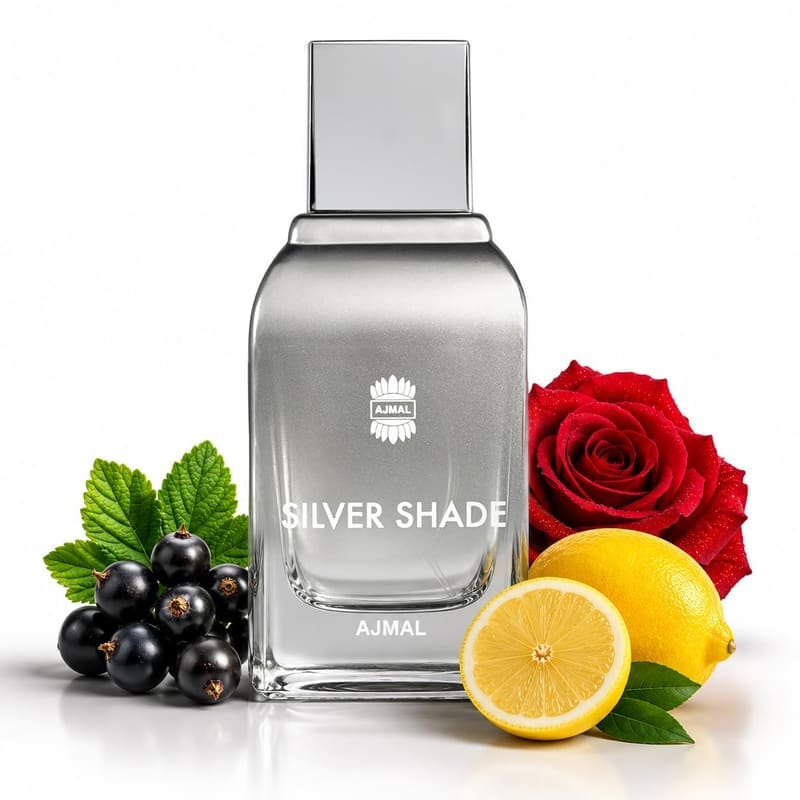 Ajmal Silver Shade 100ml Eau de Parfum silver gradient bottle with blackcurrants, a rose and lemon