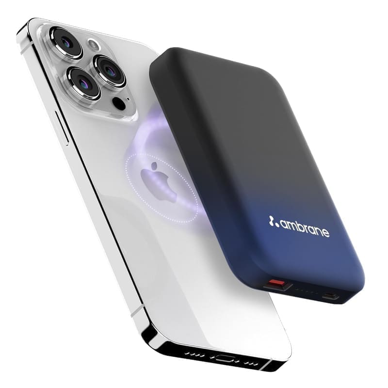 Ambrane AeroSync Snap 10000mAh MagSafe wireless power bank in Blue, product render showing magnetic snap face