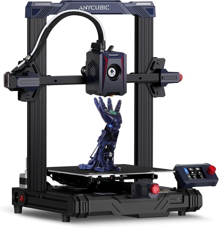 Anycubic Kobra 2 Neo 3D printer front view on a desk showing the open aluminium-extrusion frame, PEI magnetic build plate and 4.3-inch LCD with control knob