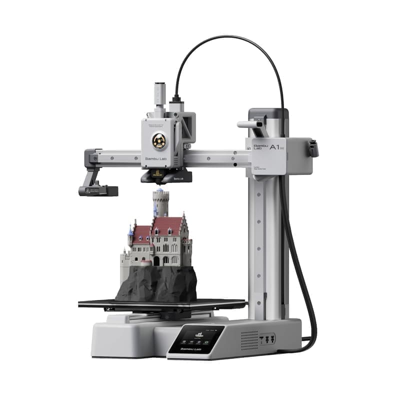 Bambu Lab A1 Mini 3D Printer front view in white aluminium frame with textured PEI build plate, integrated touchscreen and filament spool holder