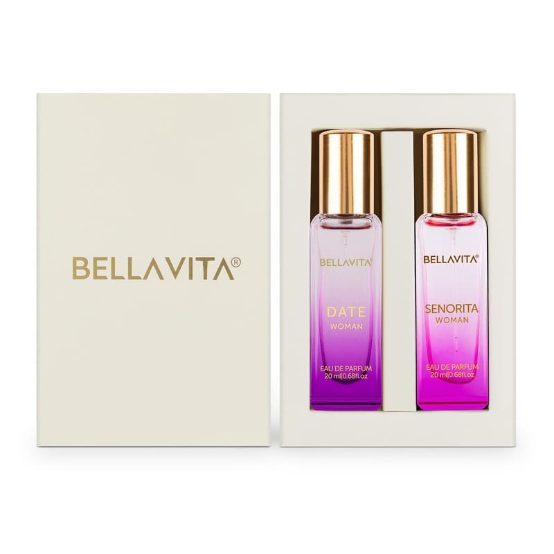 Bella Vita Date Woman and Senorita Woman 20ml pink and purple bottles in a cream gift box