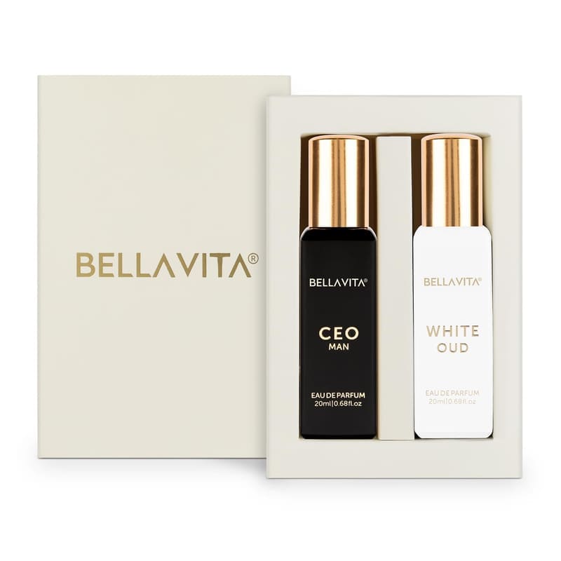 Bella Vita CEO Man black bottle and White Oud white bottle, 20ml each, in a cream gift box