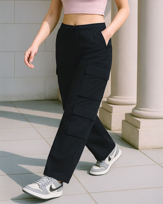 Bewakoof Jet Black baggy oversized cargo parachute pants rear view showing the flap cargo pockets on both legs and the back welt pocket