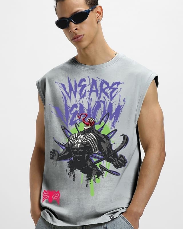 Bewakoof x Marvel grey We Are Venom oversized vest close-up showing the purple graffiti-style chest print and ribbed round neckline