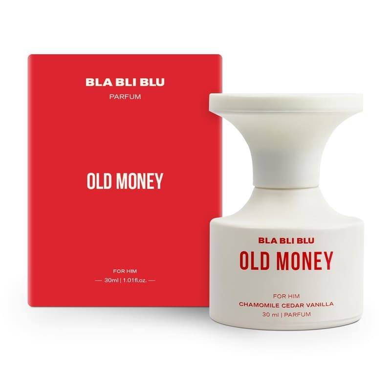 BLABLIBLU Old Money 30ml Parfum in a sculpted white bottle in front of its red box