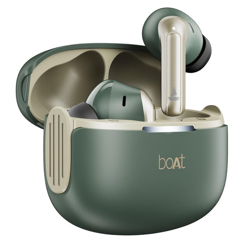 boAt Airdopes 219 TWS earbuds in Forest Sage hero shot — stem-style in-ear buds beside the pebble-shaped charging case on a white background, showing the soft-touch matte finish
