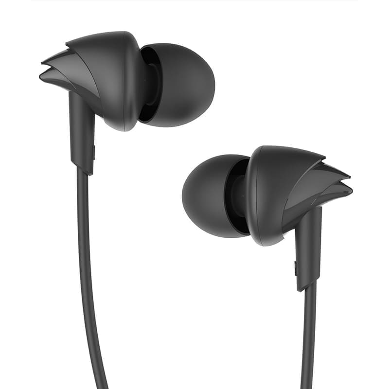 boAt BassHeads 100 3.5mm wired earphones in Black ("Hawk" design) hero shot — metallic-finish in-ear silicone-tip housings, in-line one-button multifunction remote and 1.2m coated cable terminating in a straight 3.5mm plug