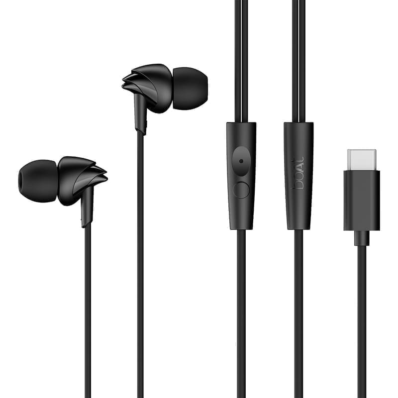 boAt Bassheads 300C Type-C wired earphones in Active Black laid flat showing both hawk-inspired earbuds, in-line mic remote and USB-C connector