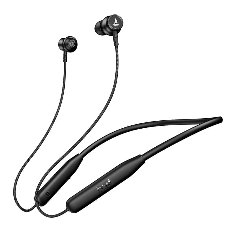 boAt Rockerz 113 Bluetooth neckband hero shot in Active Black — flexible around-the-neck band with rubberised control housings, in-ear silicone-tip earbuds and magnetic bud clasp on a white background