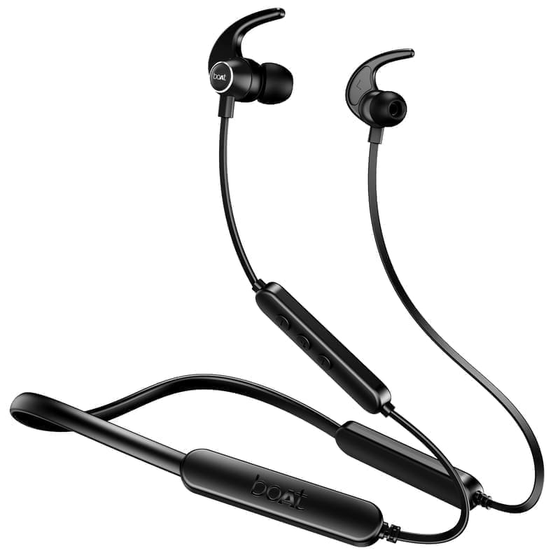 boAt Rockerz 255 Pro+ Bluetooth neckband in Active Black, top-down view showing the flexible band, in-line control module with Type-C port and magnetic earbuds with shark-fin stabilizers