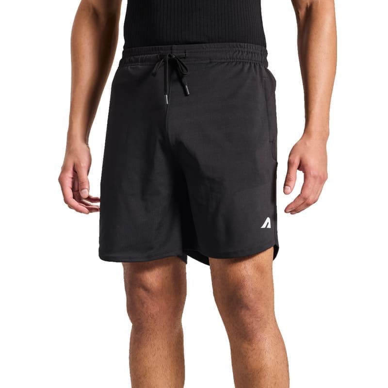 Boldfit Mens Sports Shorts BFTBM7001 in solid black showing the above-knee single-layer silhouette, elastic-and-drawstring waist and slip-in side pockets — front view