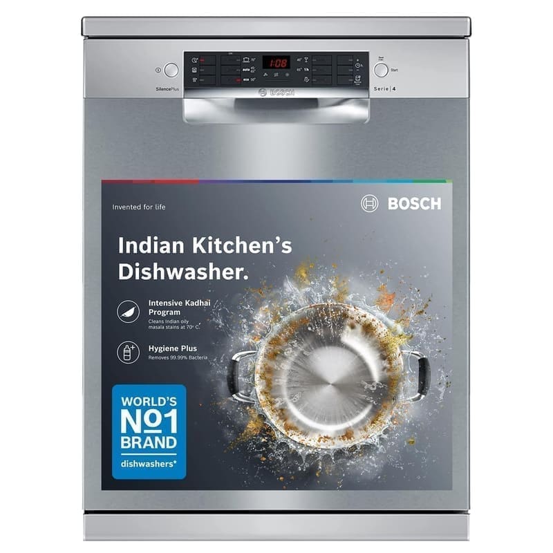 Bosch SMS46KI03I 15 Place Setting Free-Standing Dishwasher front view — silver inox finish with LED display panel and Bosch branding