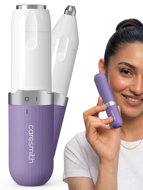 Caresmith Bloom 2-in-1 facial hair remover for women hero shot — lipstick-sized rose-gold and white handheld trimmer with the facial hair remover head attached, on a white background