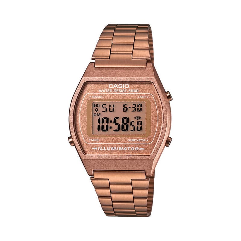 Casio Vintage B640WC-5ADF front view with rose gold digital display, Illuminator branding and link bracelet