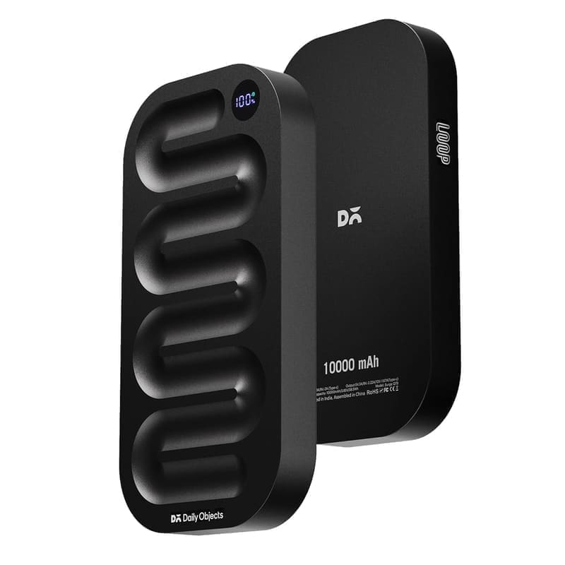 DailyObjects Loop Universal 10000mAh power bank in Black aluminium, front-and-back render showing the grooved face, the digital LED battery percentage display at 100% and the LOOP / Daily Objects branding on the rear with on-pack specs (10000 mAh, 38.5 Wh, USB-C in/out, BIS / RoHS / CE / FCC certified, Made in India, Model Surge Q79)