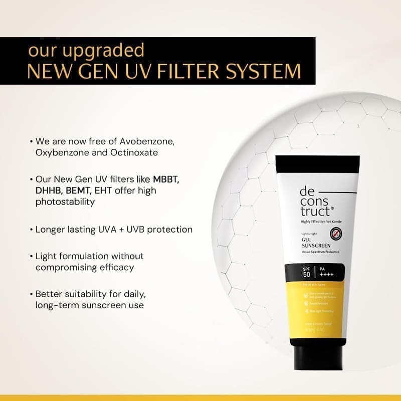Deconstruct Gel Sunscreen texture swatch showing translucent lightweight gel consistency