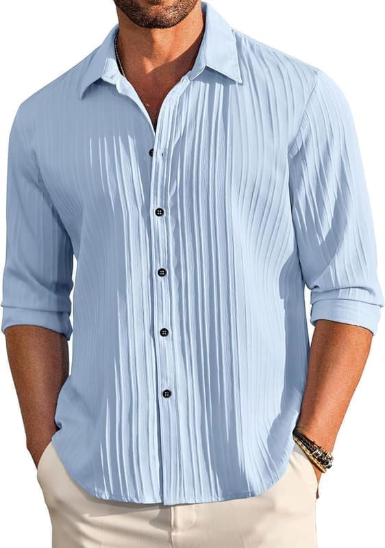 DEELMO men's textured linen-look long-sleeve spread-collar beach shirt in sky blue, model front view