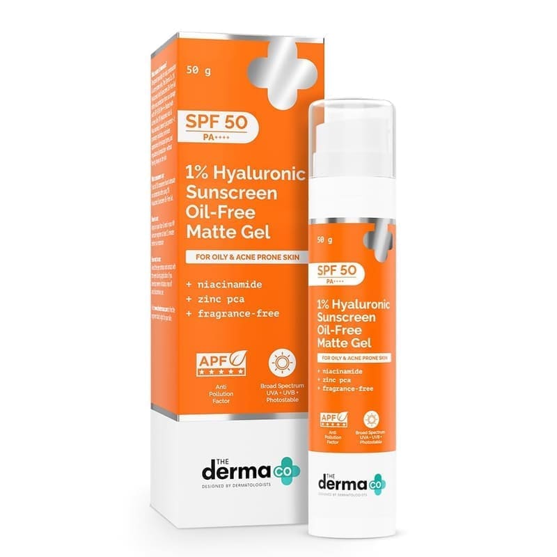 The Derma Co 1% Hyaluronic Sunscreen Oil-Free Matte Gel SPF 50 PA++++ product front view