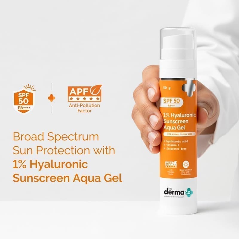 The Derma Co Hyaluronic Sunscreen texture swatch showing translucent aqua gel consistency on skin
