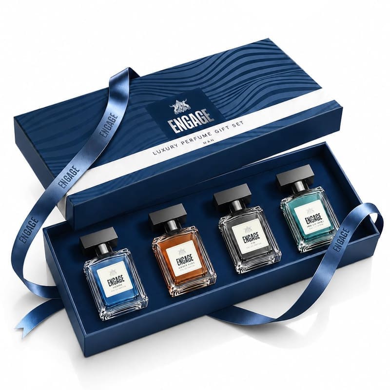 Engage Luxury Perfume Gift Set for Men: four 20ml square bottles in a navy box with ribbon