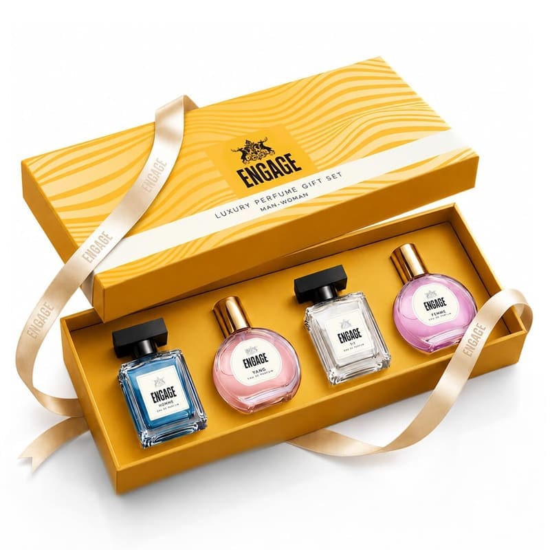 Engage Luxury Perfume Gift Set for men and women: four 20ml bottles in a yellow-gold box with ribbon