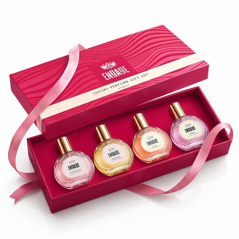 Engage Luxury Perfume Gift Set for Women: four 20ml bottles with gold caps in a pink-red box with ribbon
