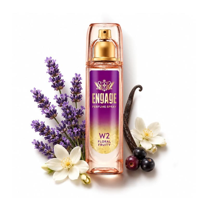 Engage W2 Floral Fruity 120ml perfume spray with gold cap surrounded by lavender, jasmine and vanilla pods