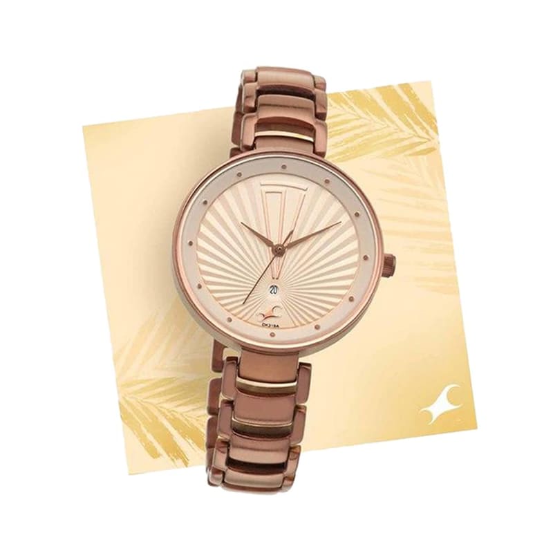 Fastrack Ruffles 6216QM01 women's watch front view with beige day-date dial and brown metal strap