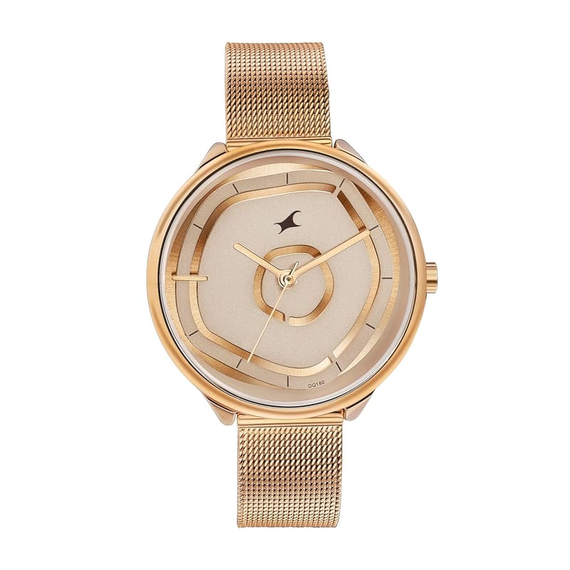 Fastrack Stunners NT6303WM01 front view with beige geometric dial and rose gold mesh strap
