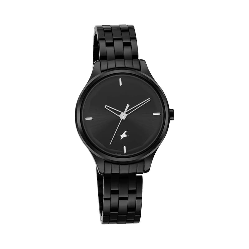 Fastrack Stunners NS6248NM01 front view with black dial, silver hands and black link bracelet