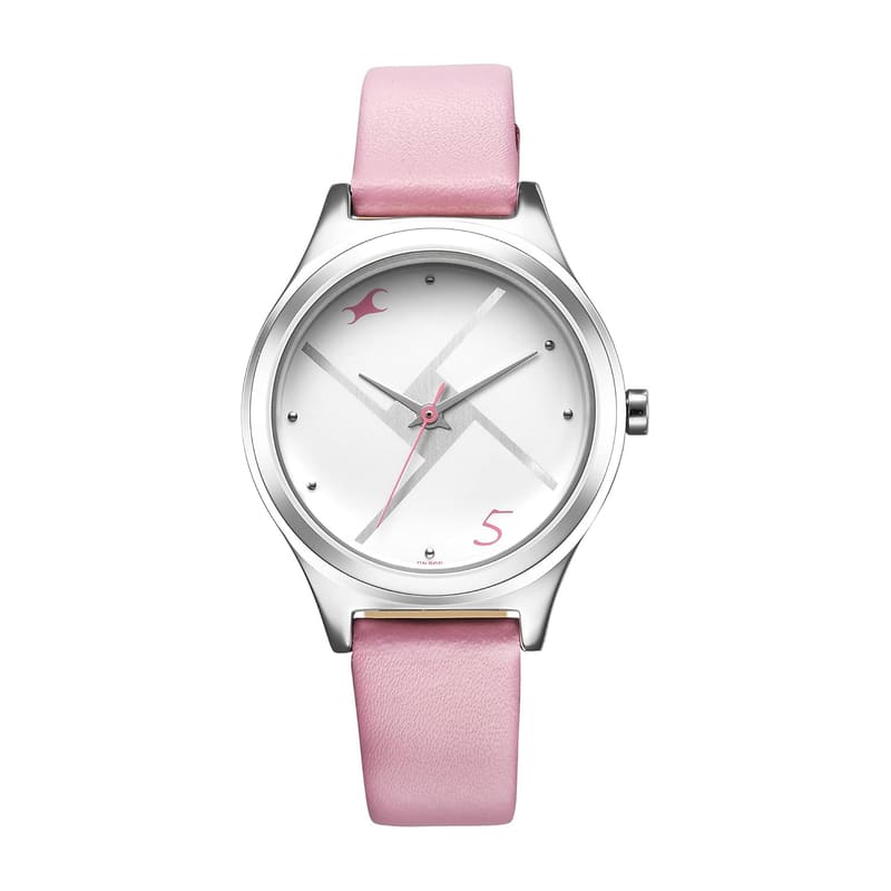 Fastrack Stunners NS6152SL08 women's watch front view with silver geometric dial, pink numeral 5 and pink leather strap