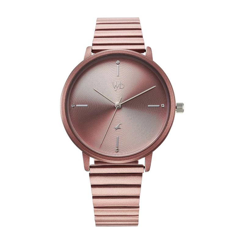 Fastrack Vyb Bliss FV60021KM05W front view with dusty pink sunray dial and matching pink link bracelet