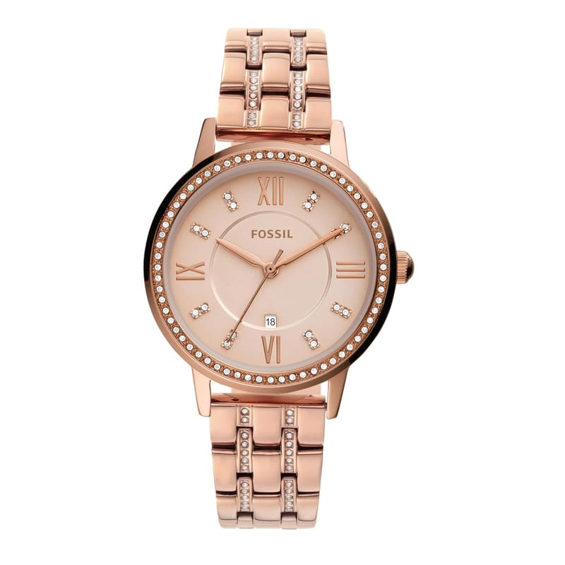 Fossil Gwen ES4879 women's watch front view with satin dial, date window and gold-tone bracelet
