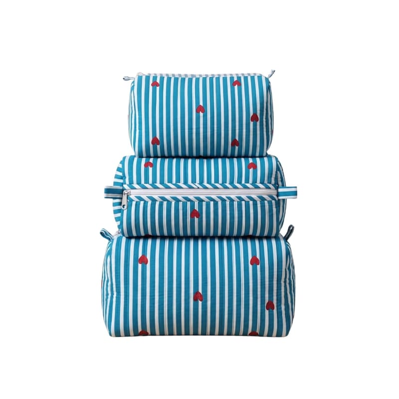The Artisan Culture quilted cotton zipper pouch set in Blue Heart Stripe, main product photo