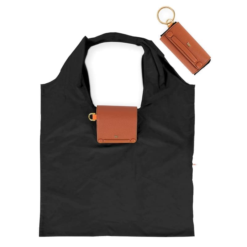 HIE Lepayt foldable vegan leather tote bag hero shot — soft-pleat body in beige with a vegan-leather flap cover, twin top handles and the detachable golden-metal keychain loop on a white background