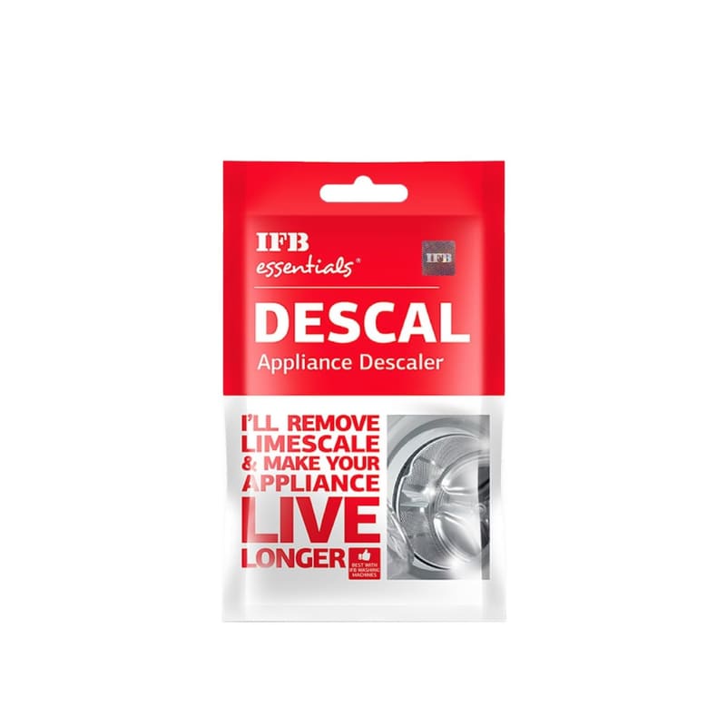 IFB Descale Powder for washing machine drum cleaner 100g pack hero shot — red-and-white IFB Essentials DESCAL appliance descaler sachet on a white background