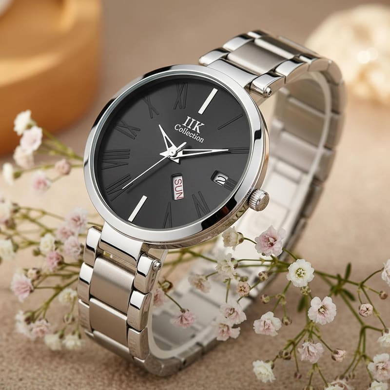 IIK Collection IIK-2054W-DND women's watch front view with round studded dial, day-date window and steel bracelet