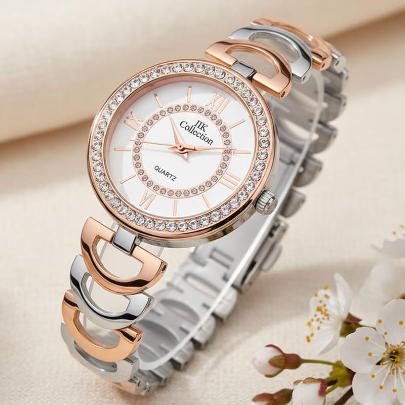 IIK Collection IIK-3095W women's watch front view with round studded dial and stainless steel chain bracelet