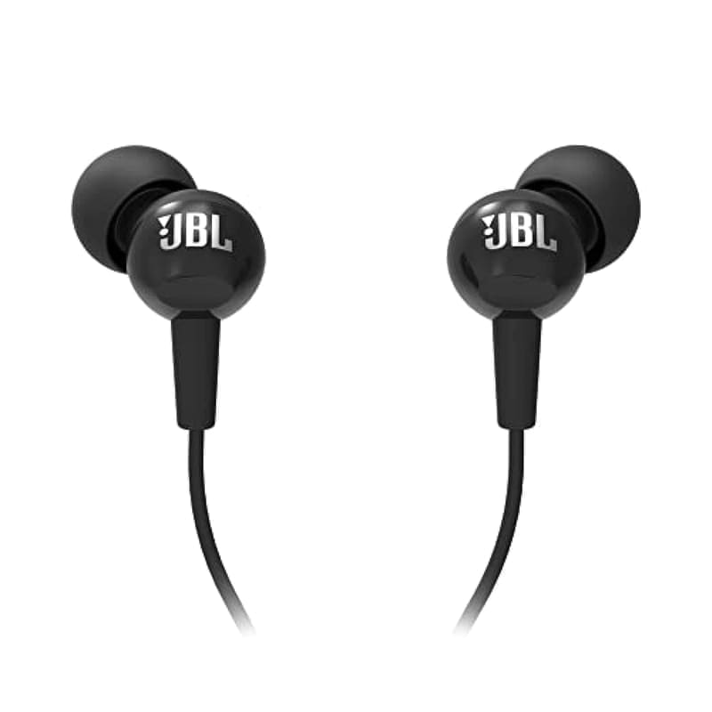 JBL C100SI 3.5mm wired earphones in Black hero shot — premium metallic-finish angled in-ear housings, in-line one-button multifunction remote with noise-cancelling microphone and 1.2m rubber-coated cable terminating in a straight 3.5mm plug