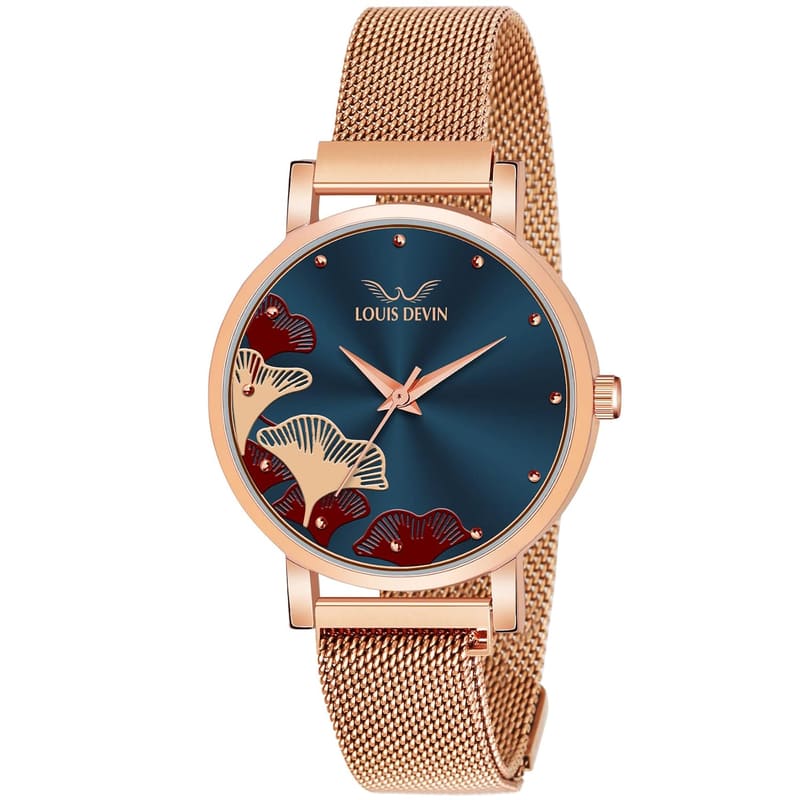 Louis Devin RG162 front view with blue sunray dial, red and gold floral motif and rose gold mesh strap