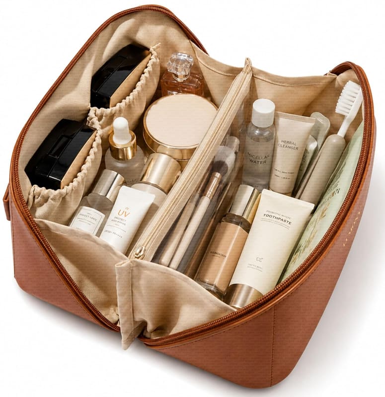LUMONY brown PU leather makeup pouch bag with handle, main product photo