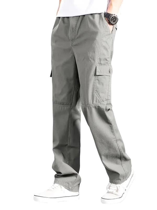 Lymio Men's 100% Cotton Cargo Pant in grey showing the high-rise drawstring waist, loose-fit silhouette and cuffed jogger hem — front view