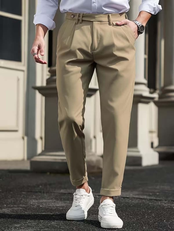 Lymio men's cotton-blend regular-fit solid casual trouser in khakhi, full-length model view