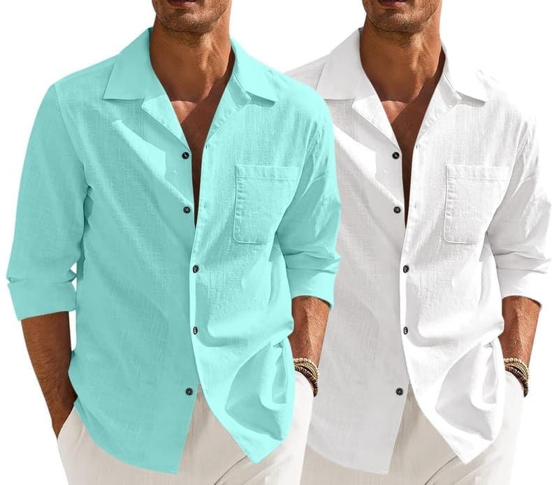 MADHAVISTA Pack of 2 men's casual cotton-blend long-sleeve shirts shown together — spread-collar button-down casuals in the dual-colour Pack-of-2 combo configuration the listing offers