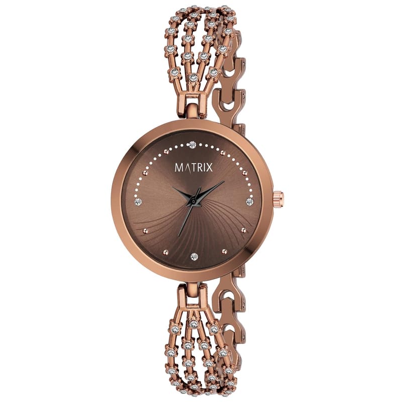 Matrix Daisy WN-106 front view with stone-studded brown sunray dial and rose-gold-tone studded bracelet