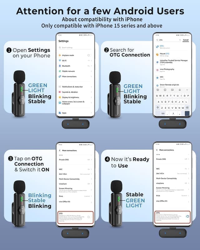 GRENARO S12 wireless lavalier mic kit — clip-on transmitter on the left with metal-and-plastic shell and front-facing status LED, USB Type-C receiver on the right, both shown in matte black with the sponge filter head fitted to the transmitter