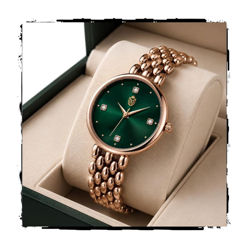 MOOVER MV-JWL-RG watch on a cushion with emerald green sunburst dial and rose-gold-tone bead link bracelet
