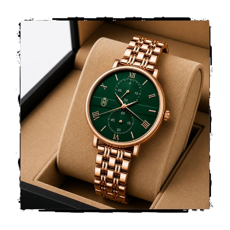 MOOVER women's watch on a cushion with emerald green dial, Roman numerals and rose-gold-tone link bracelet