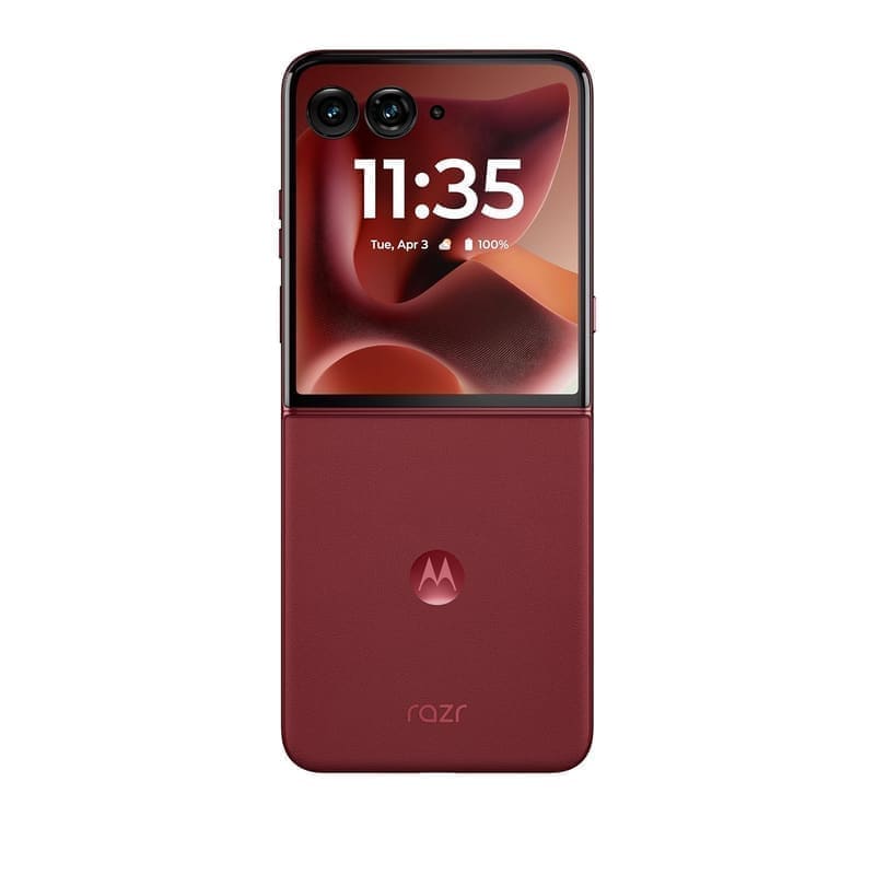 Motorola razr 60 Ultra in Pantone Rio Red, closed clamshell showing the 4.0-inch pOLED cover display and twin 50MP camera lenses